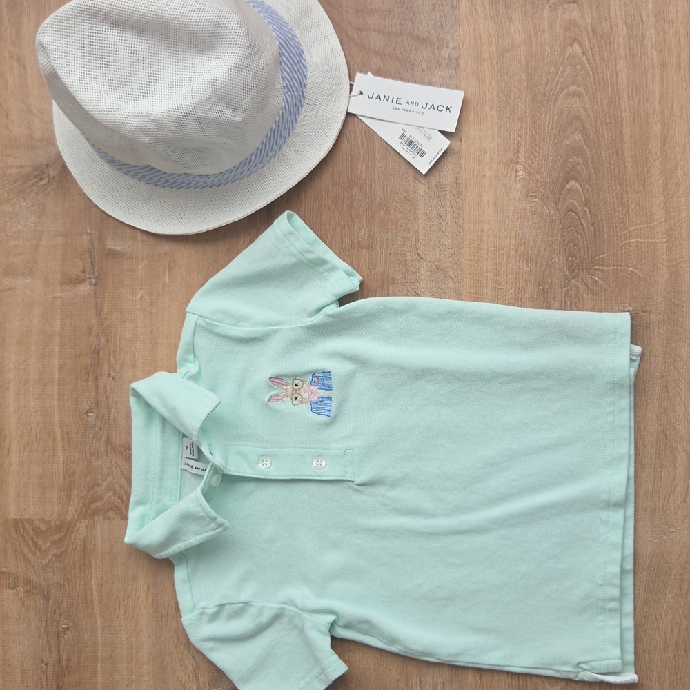 Janie and Jack Easter Bunny Polo Size 2T With Matching New Hat